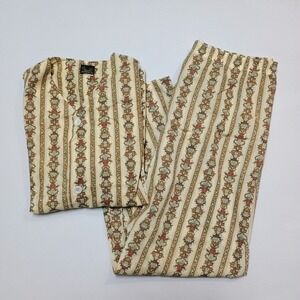 Vtg Tan Printed Stripe Perma Prest Sears Pajama Set Large